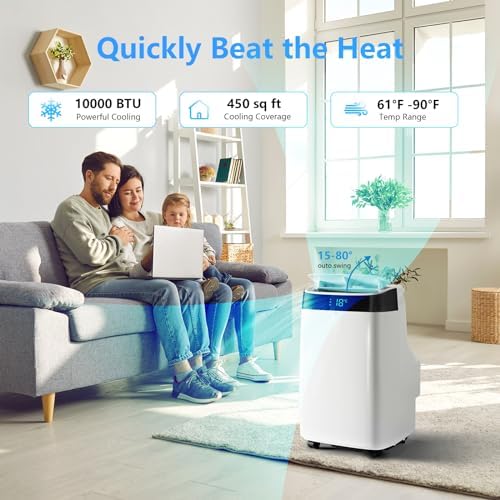 10,000 BTU Portable Air Conditioner with Remote Control - Quiet AC Unit for Cooling, Dehumidifier & Fan Modes, Ideal for Rooms up to 450 Sq. Ft,24-Hour Timer,White