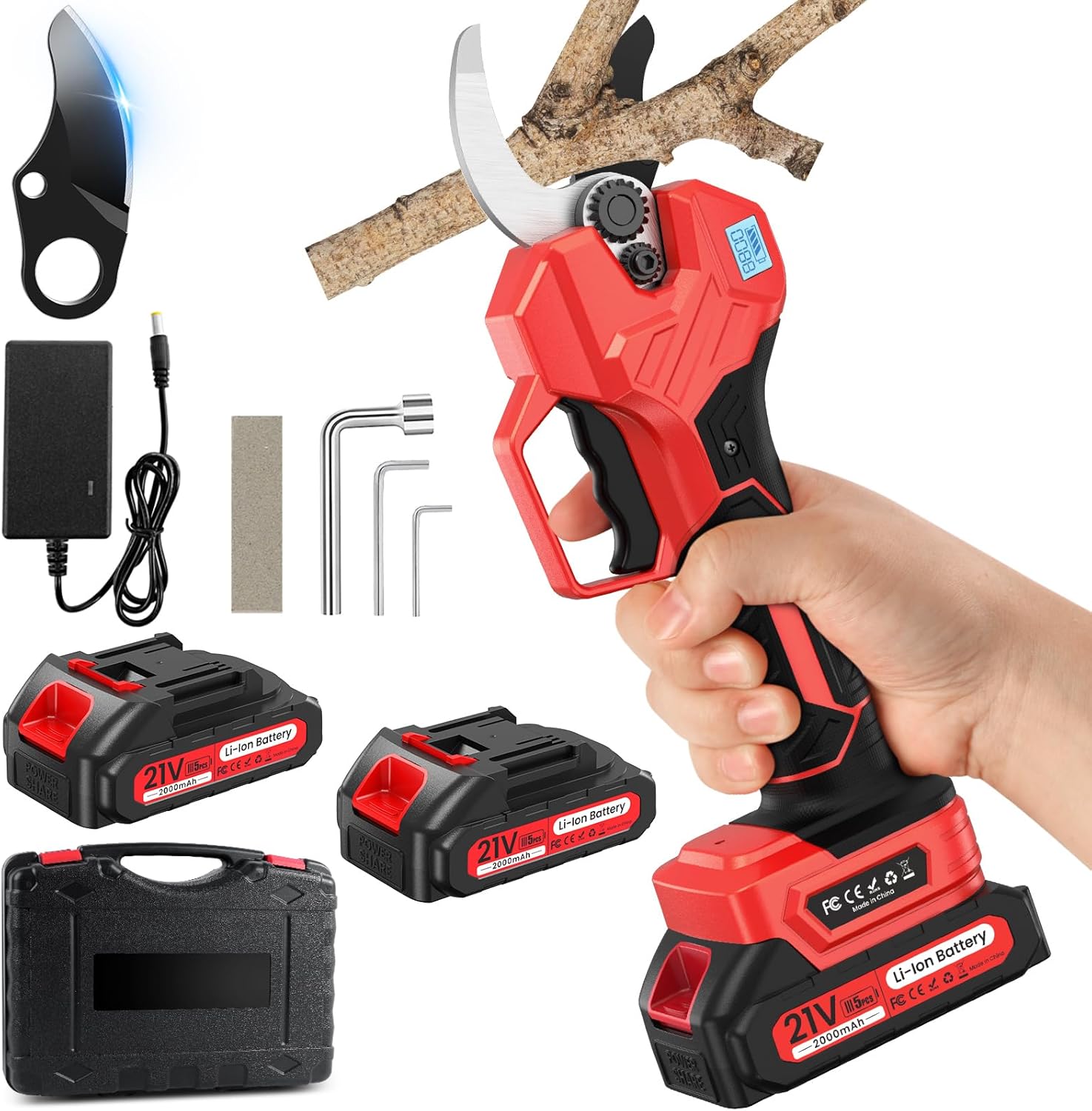 Electric Pruning Shears -1000W Brushless Motor Cutting 2 inch Diameter Professional Gardening Electric Shears,Heavy Duty Branch Pruner,2 * 2000mAh Batteries,2*Sk7 Blades, Perfect for Tree Trimming