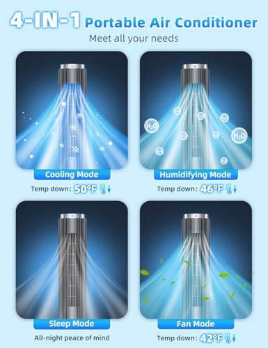 42 INCH Windowless Portable Air Conditioners w/4 Modes & 3 Speeds, 1-Gal Tank for 15H Cooling, 12H Timer, Swamp Cooler Air Conditioner No Window Needed, 90° Oscillating AC Unit for Bedroom