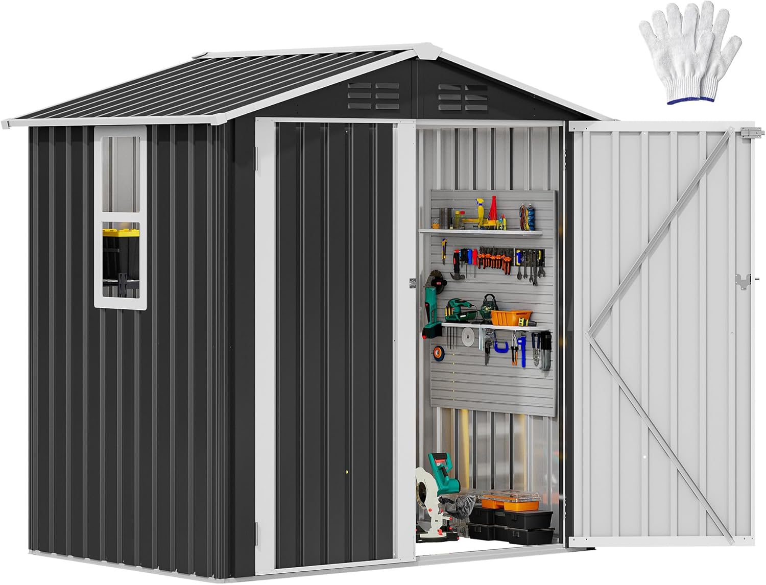 DWVO 6x4ft Large Tool Storage Shed with Window, Lockable Doors, and Sloped Roof, Oversized Steel Outdoor Storage Shed for Garden, Patio, Garage, Backyard, Lawn - Gray White