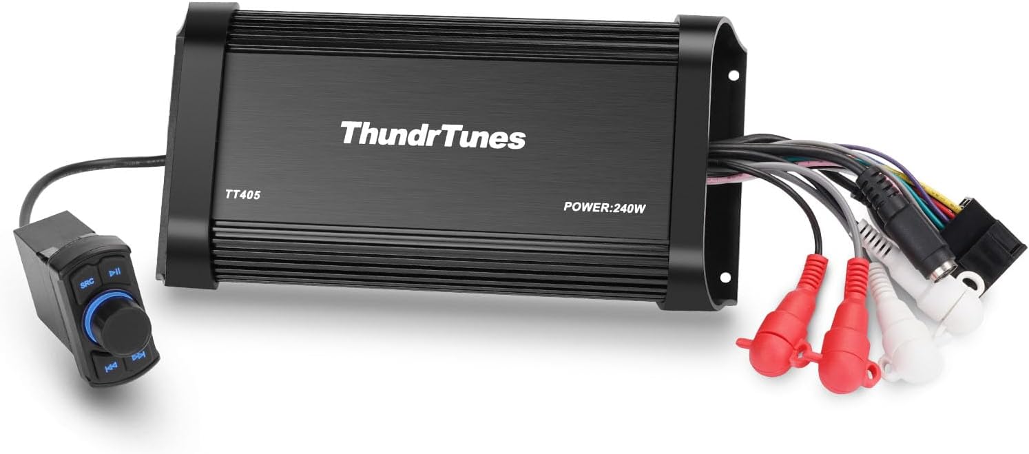 Marine Powersport Bluetooth Amplifier Audio System with 2pcs Black Speakers, Class D 60W x 4 CH, Switch Mount, Suitable for Motorcycle, UTV, ATV, Boat