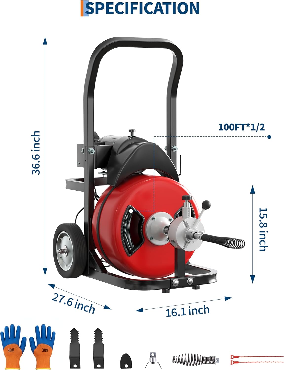 Portable 370W Electric Drain Cleaner Machine with 100FT x 1/2 Inch Steel Core Cable, Sewer Auger, Cutter, Air-Activated Foot Switch, and Wheels for Commercial and Home Use