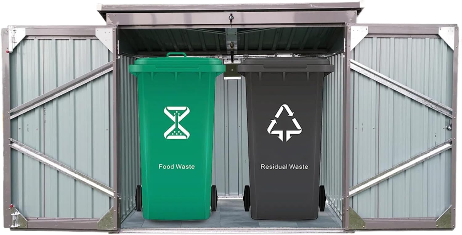 76 Cu.Ft Outdoor Trash Can Storage Shed, Metal Trash Can Storage Bin with Spring Chain Lid for Garbage Storage, Waterproof Storage Shed Stores for 2 Trash Cans, Garden Tools, Gray