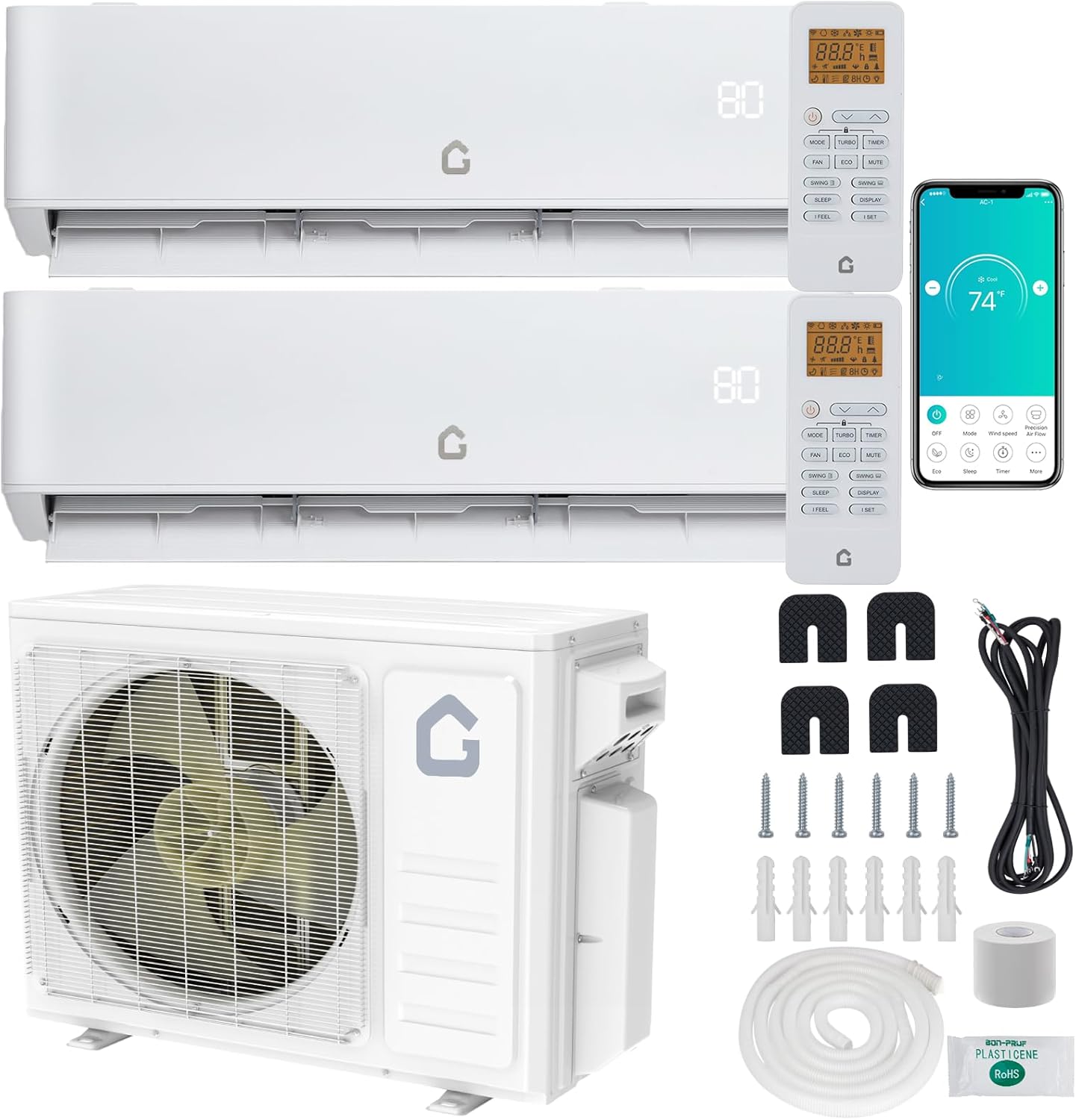 Garvee 28000 BTU Dual Zone WIFI Mini Split AC/Heating System, 20 SEER2 2 Zone 9000+18000 BTU Ductless Split Air Conditioner with Pre-Charged Condenser, Not Include Copper Tube Line Set, 208-230V