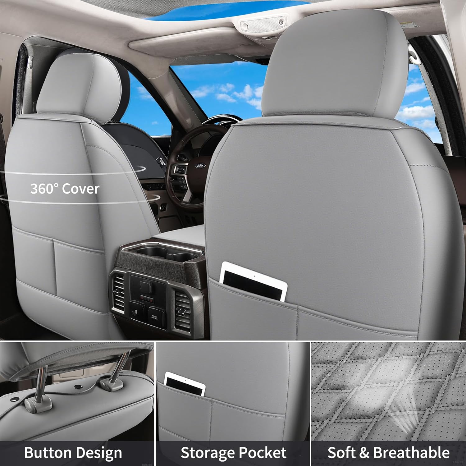 Huidasource Tacoma Front&Back Seat Covers, Gray Leather Car Seat Cushion Cover Accessories Fit for 2016-2023 Double & Crew Cab Toyota Tacoma SR SR5 Limited TRD Sport/Pro/Off Road(Full Set/Gray)