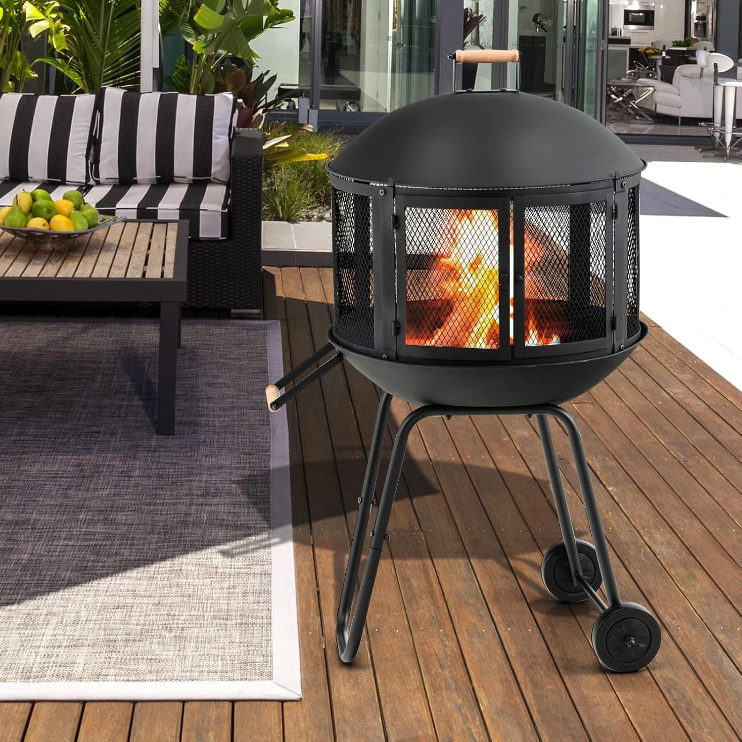 HAPPYGRILL 28” Outdoor Fire Pit, Rolling Patio Wood Burning Firepit with Lockable Doors, Fire Poker, Pine Wood Handle & Wheels, Heavy Duty Fire Pit for BBQ Entertaining Camping