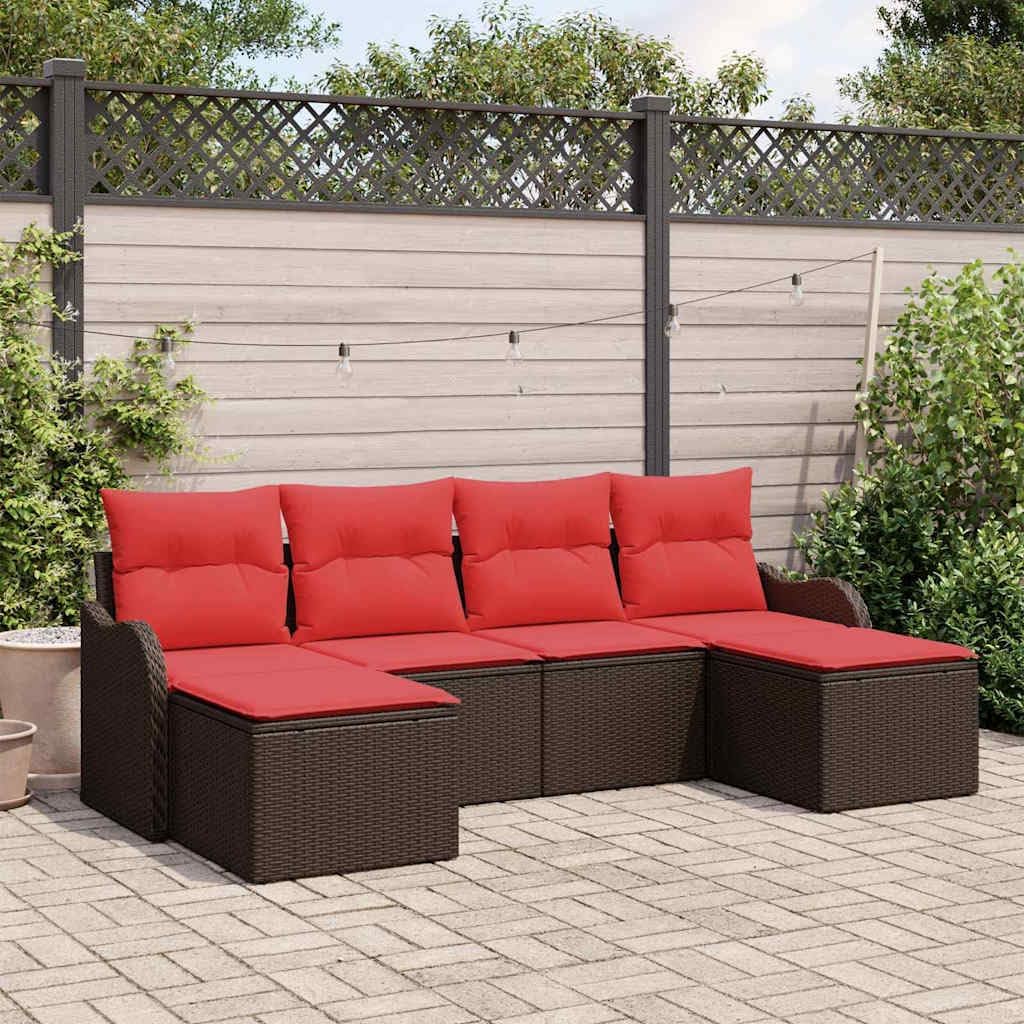Outdoor Patio Sofa Set with Cushions, 6-Piece Brown Polyester Rattan Wicker, Modular Garden Furniture for Lounging, 21.65-inch Seat Depth