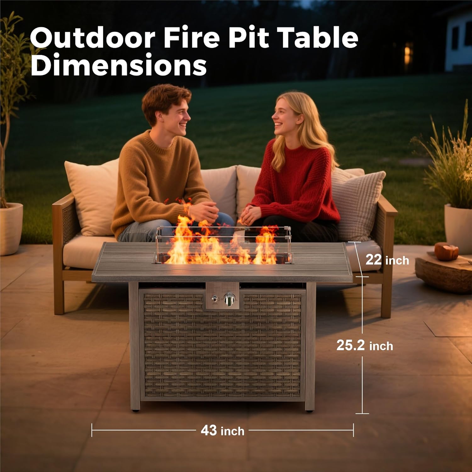 Outdoor Fire Pit Table with 50,000 BTU Output, 43 Inch Premium Gas Fire Pit Tables for Outside Patio, Balcony, Rectangle Propane Fire Pit with Glass Fire Stones (Brown)