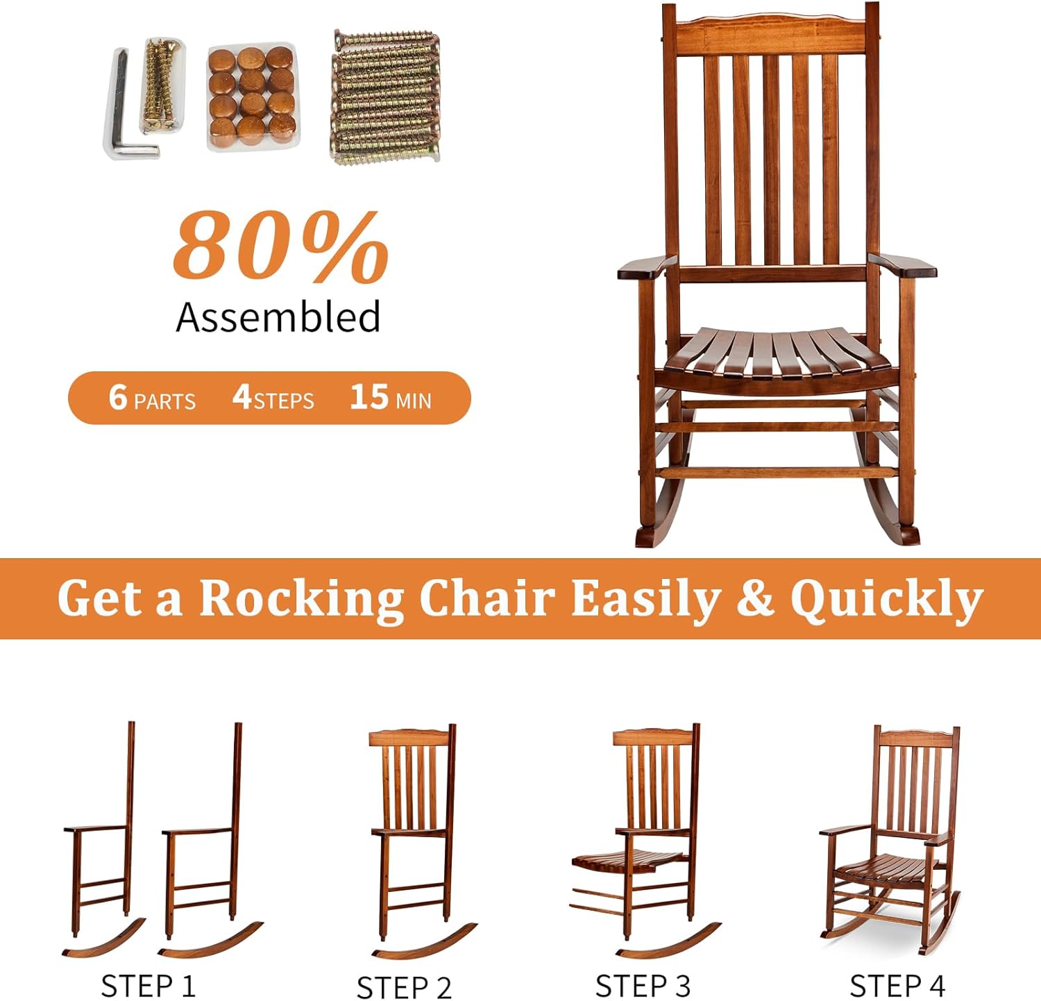 Outvita Outdoor Rocking Chair Set of 2, Solid Wood High Back Rocker, All Weather Lounge Chair for Porch Patio Fire Pit Garden Backyard Deck Indoor, Wave Shape, Natural