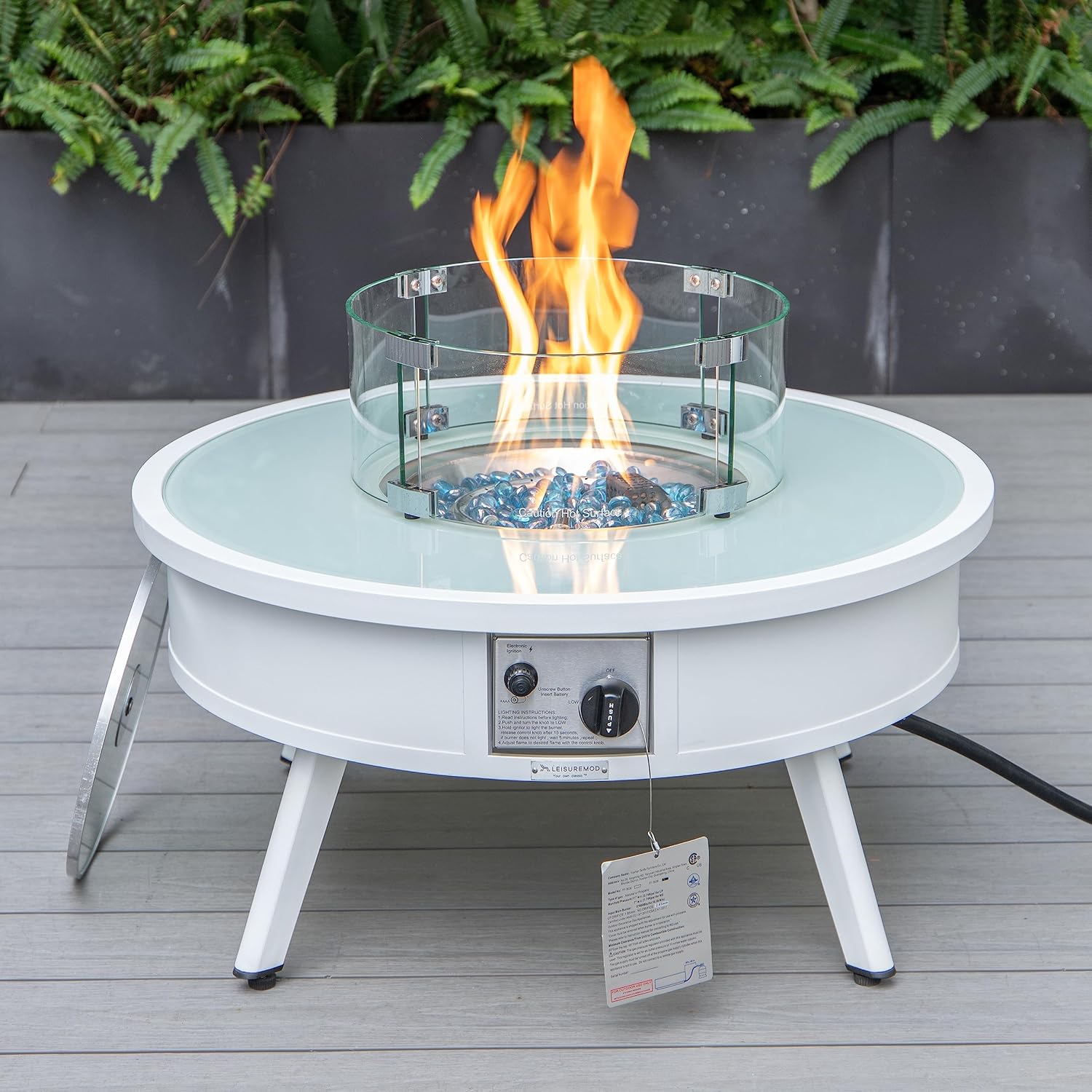 LeisureMod Walbrooke Modern Outdoor Round Fire Pit Table with Powder-Coated Aluminum Frame for Patio and Backyard Garden, White