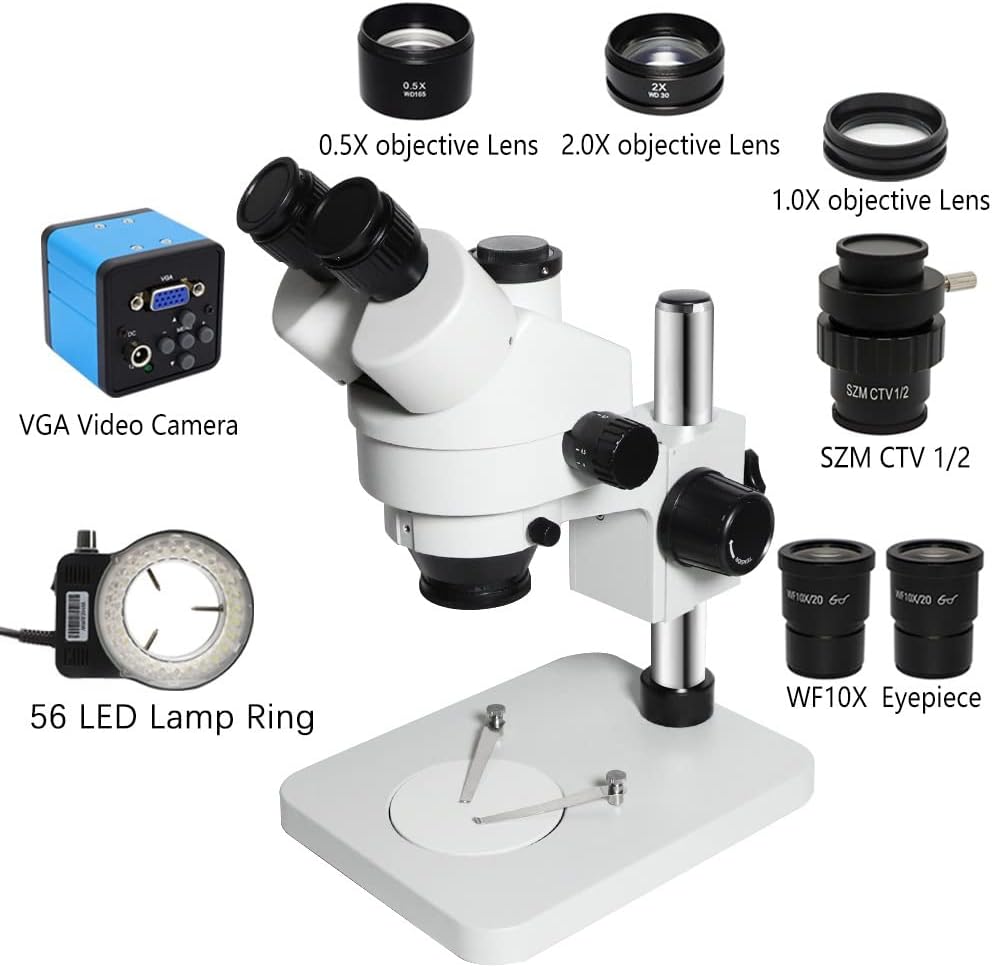 Lab Microscope Accessories 3.5X-90X Trinocular Stereo Zoom Microscope Simul-Focal Industrial Digital Microscope Set for PCB Soldering Repair(VGA add 0.5X C Mount)