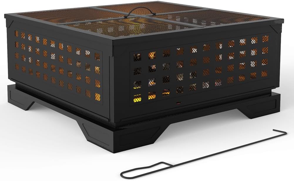 21.7 Inches Foldable Portable Square Fire Pit, Black, Wood Burning, Modern Style