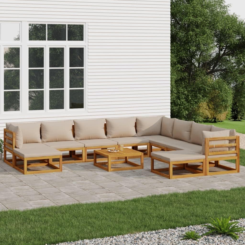 11 Piece Patio Lounge Set with Taupe Cushions Solid Wood,Acacia Wood Patio Lounge Set with Comfortable Cushions and Modular Design Patio Furniture Sets, Outdoor Furniture Sets