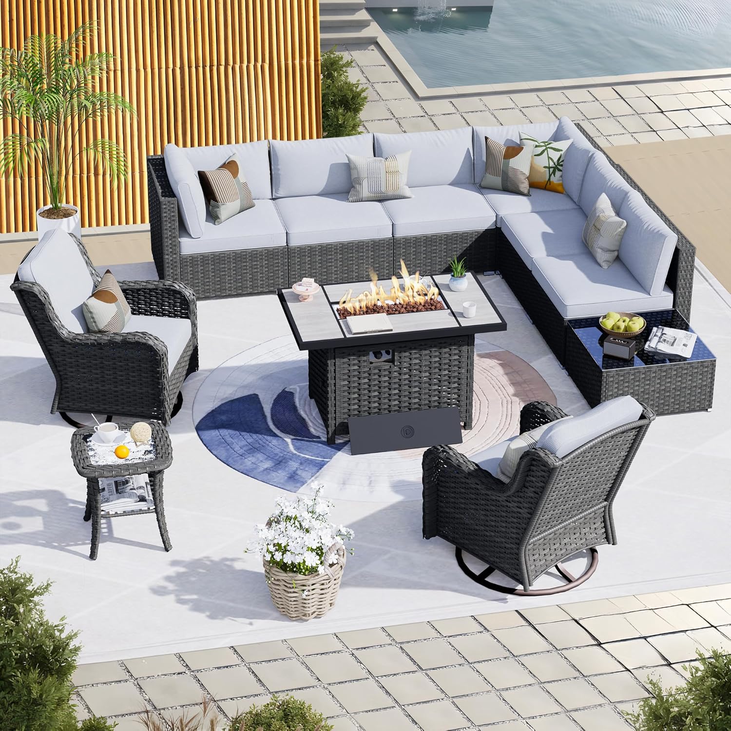 HOOOWOOO Patio Outdoor Sectional Furniture Sofa Set with Fire Pit Table,11 Piece L Shaped Wicker Couch Set with Swivel Chairs,Modern 8 Persons Summer Patio Conversation Set(Grey Gray)