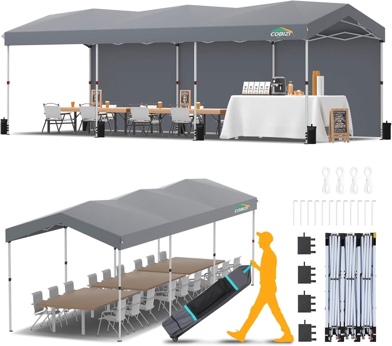 COBIZI 10x30 Pop Up Canopy with One Button Push Center Lock,Ez Up Portable Carport with 3 sidewalls,Waterproof UV50+ Outdoor Party Commercial Carport Canopy Gazebos with Roller Bag(10 x 30 ft Gray)