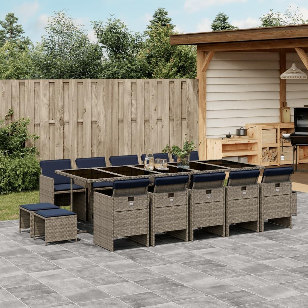 15 Piece Patio Dining Set with Cushions Gray Poly Rattan,Outdoor 10Piece Garden Dining Set with PE Rattan Chairs and Stools for Patio, Backyard, and Garden Furniture Sets for Patio, Lawn & Garden