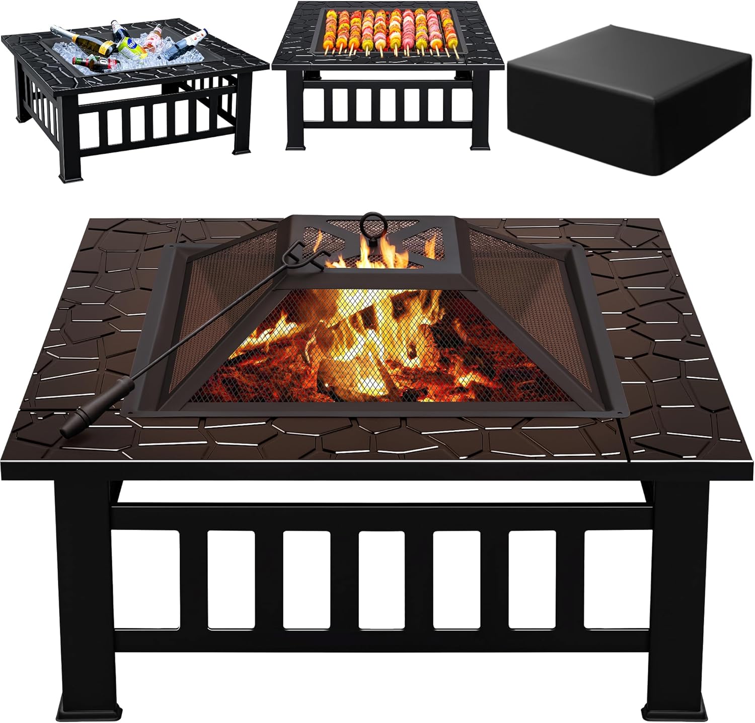 Greesum Multifunctional Patio Fire Pit Table, 32in Square Metal BBQ Firepit Stove Backyard Garden Fireplace with Spark Screen Lid and Rain Cover for Camping, Outdoor Heating, Bonfire and Picnic, Black