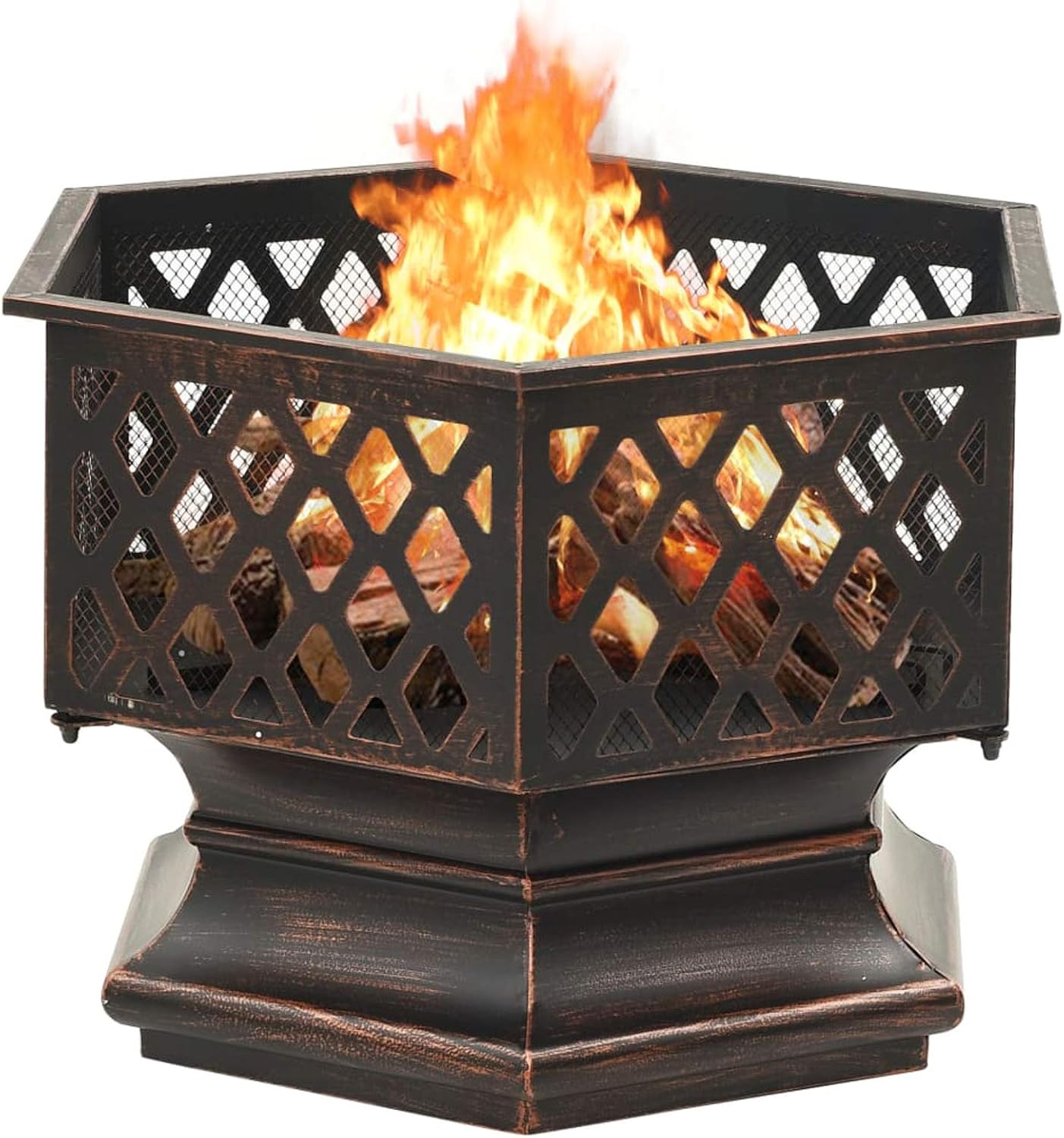Rustic Fire Pit with Poker, XXL Steel Fire Bowl 24.4x21.3x22 Inch with Mesh Cover for Outdoor Garden and Patio