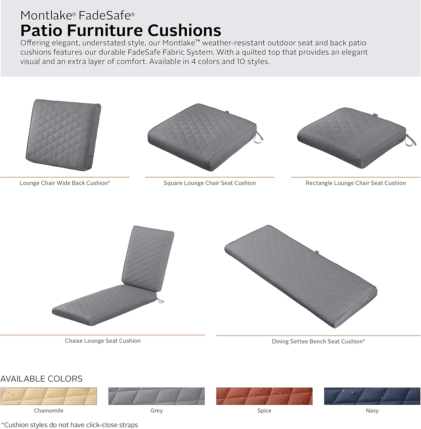 Classic Accessories Montlake Outdoor Chaise Lounge Cushion, 72 x 21, FadeSafe, Water-Repellent, Quilted Grey