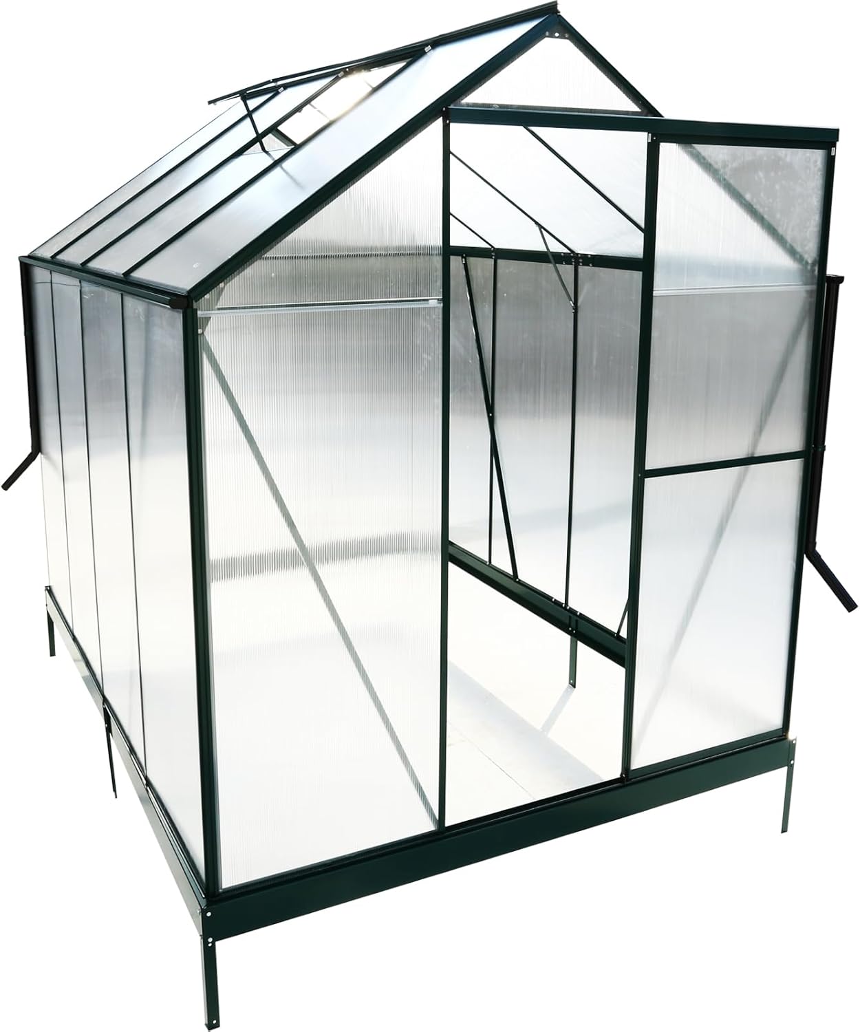 Polycarbonate Greenhouse, 6.3 x 8.2 Ft, Outdoor Greenhouse with Adjustable Vent Windows, Pavilion Styled Greenhouse with Rain Gutter and Door, Large Walk-in Greenhouse Kit for Backyard Garden, Green