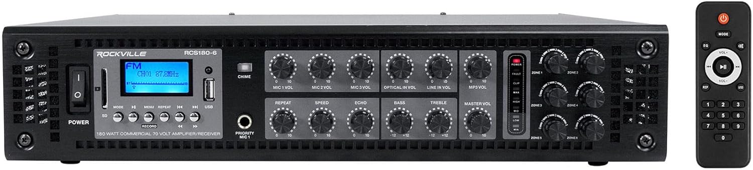 Rockville RCS180-6 180W 6-Zone 70v Commercial Amplifier, Bluetooth, USB/SD/RCA, Mic, Optical Inputs, FM, for Restaurants/Offices