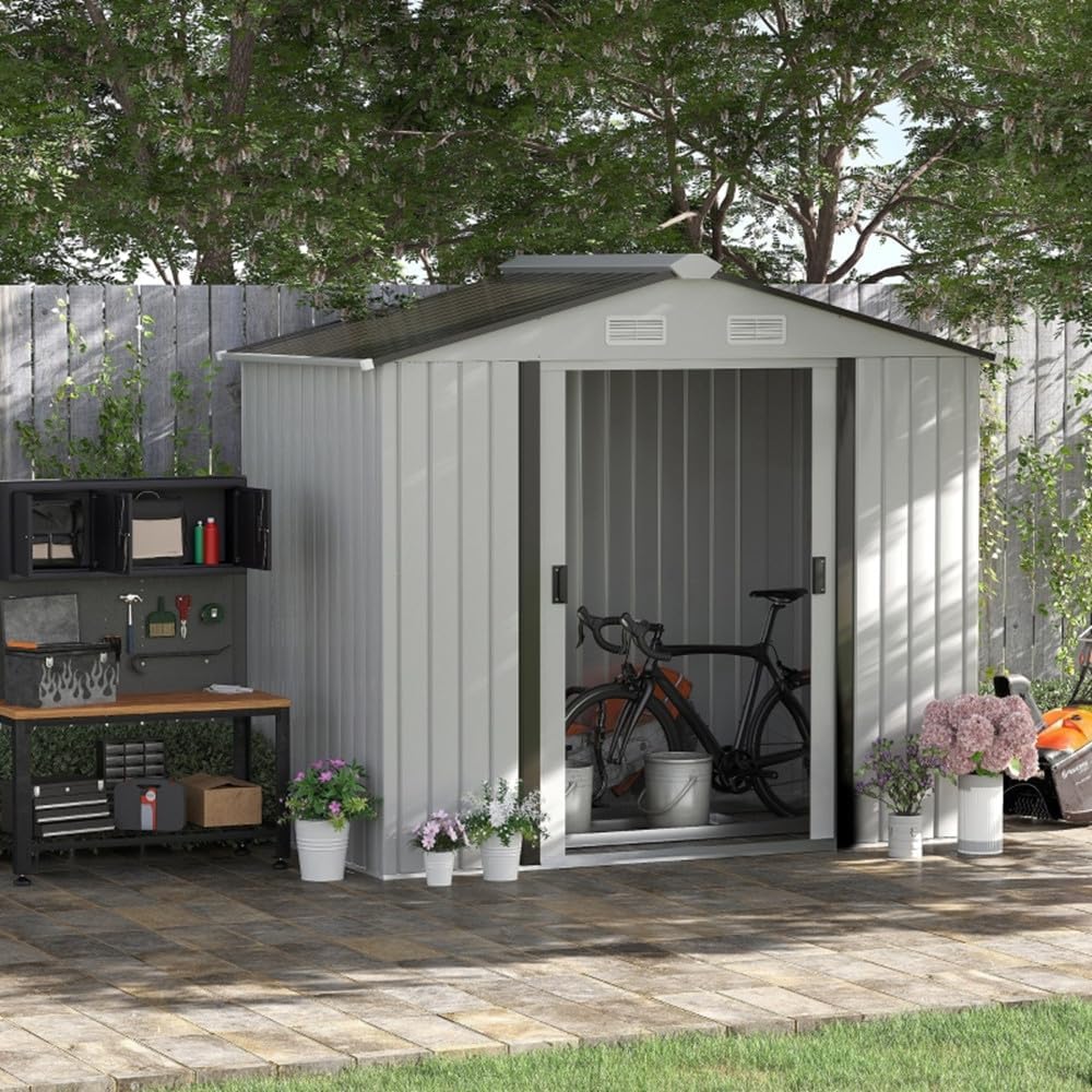 Outdoor Storage Shed with Floor, 7' x 4' Utility Tool Shed Storage House with Door, Garden Shed Outdoor Metal Shed for Garden Backyard Patio Lawn, Patio Storage of Bikes, Grills, Supplies, Tools, Toys