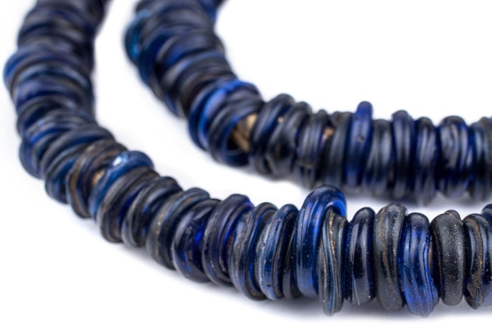 The Bead Chest Old Blue Ethiopian Annular Dogon Beads 15mm African Disk Glass Large Hole 27 Inch Strand Handmade