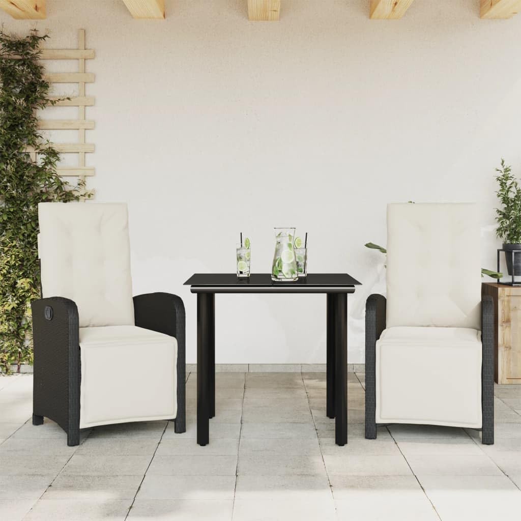 3 Piece Bistro Set with Cushions Black Poly Rattan,Comfortable Rattan Bistro Set with Adjustable Backrest and Footrest for Outdoor Use Outdoor Furniture Sets, Patio Furniture