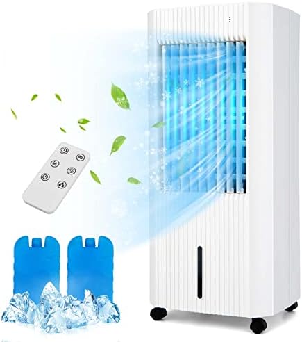 LDAILY 3-In-1 Evaporative Air Cooler w/Humidifier & Fan, Portable Rolling Windowless Swamp Cooler w/Remote Control & 2 Iced Boxes, 60° Oscillation Cooling Fan w/ 15H Timer & 1.3 Gal Water Tank