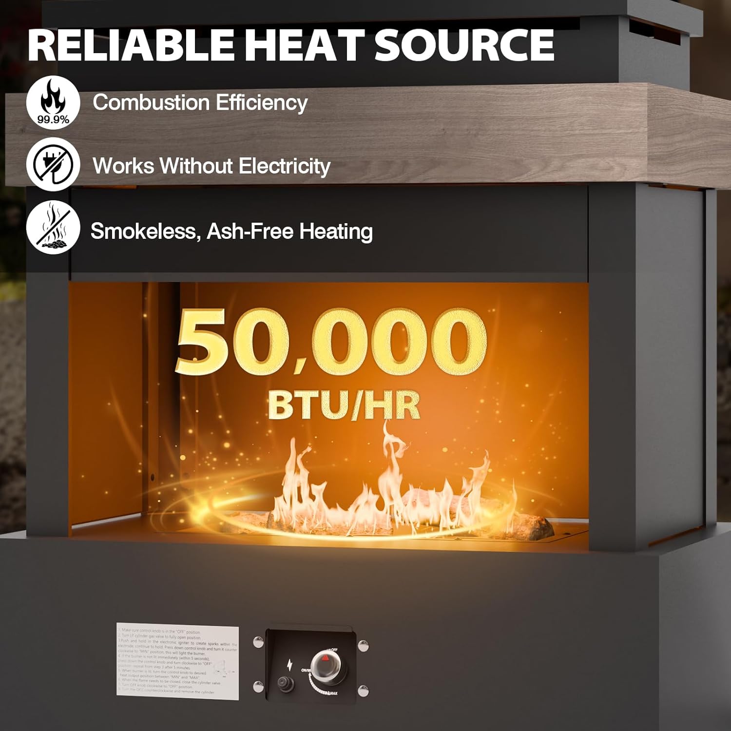 COOS BAY Outdoor Propane Fireplace Firepit, 50,000 BTU Adjustable Flame Chiminea Patio Heater with Tank Storage, Smokeless Gas, Ceramic Log, Modern Metal, 35.4''x22''x40.6'', Gray/Tan