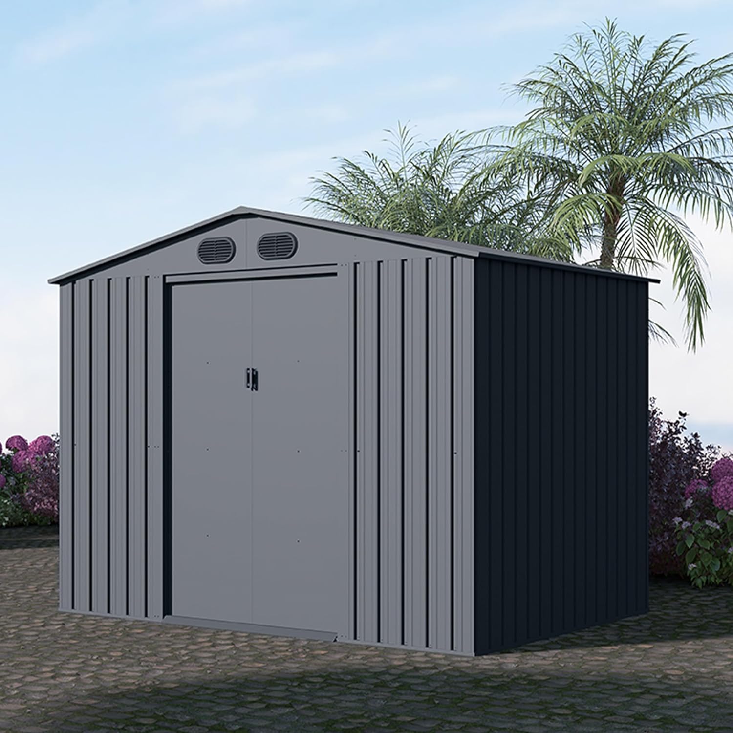 Industrial Outdoor Large Metal Storage Shed 6x8Ft, Anti UV Galvanized Steel Storage House with 4 Vents and Double Sliding Door, Weather-Resistant for Backyard, Patio, Lawn, DARK GREY