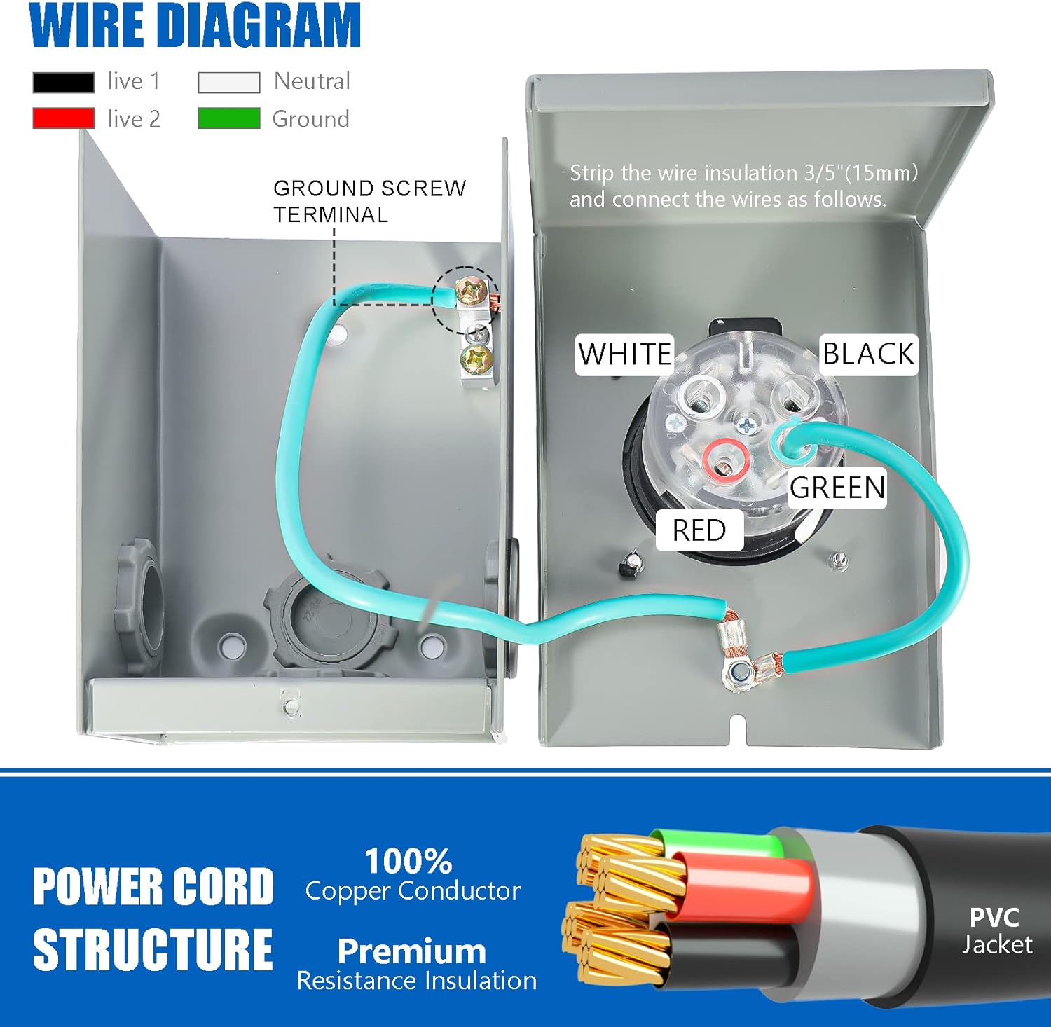 30 Amp Generator Cord and Power Inlet Box, 50FT Generator Cords 30 Amp,125V/250V Generator Power Cord NEMA L14-30P to L14-30R,Twist Lock Connector