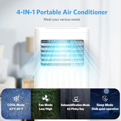 10000 BTU Quiet Portable Ac Unit for Room up 400 Sq.Ft, Portable Air Conditioners with Cooling, Fan, Sleep Mode, Dehumidifier, 24H Timer, Remote Control, Drain Hose