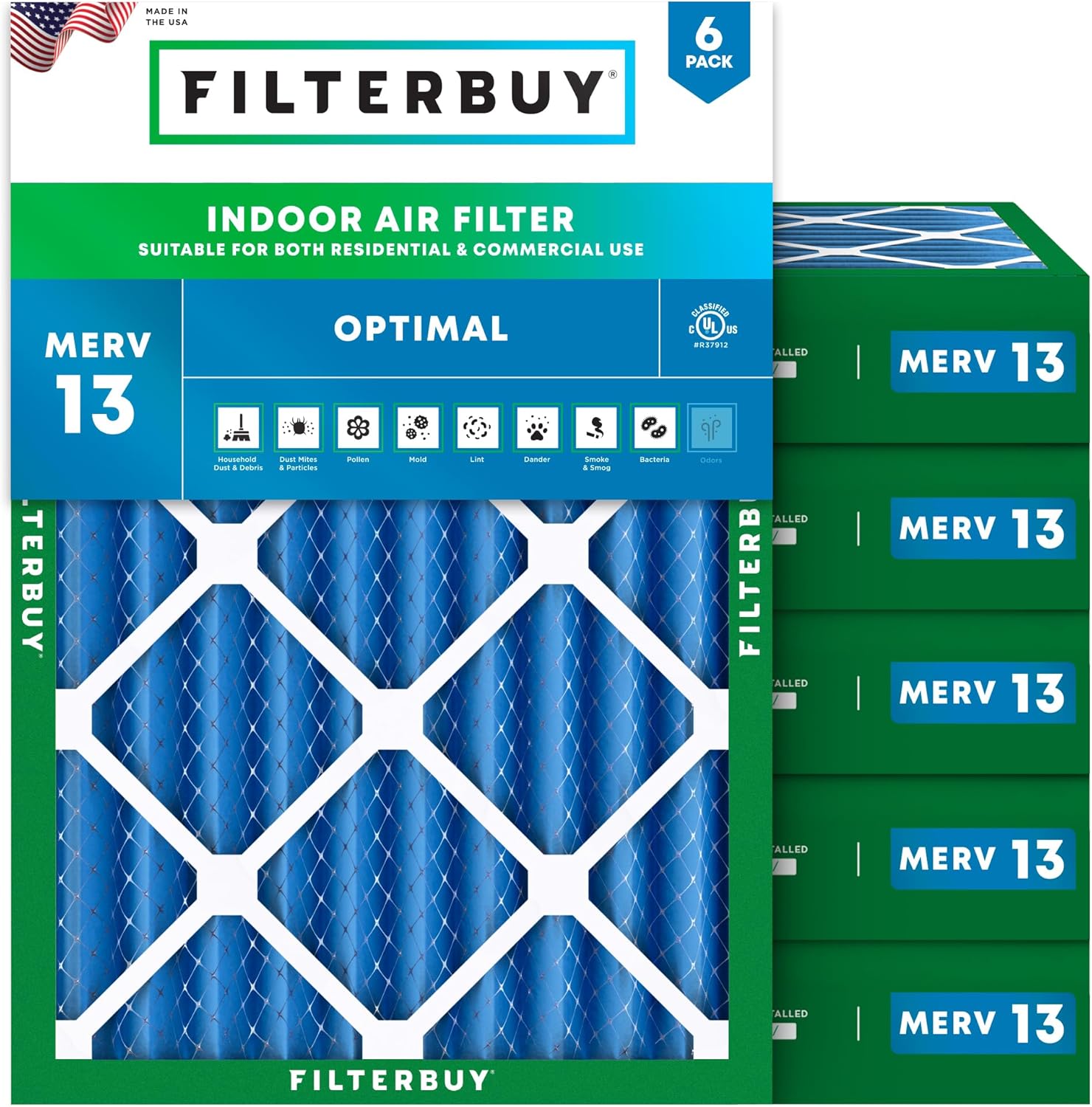 Filterbuy 17x22x4 Air Filter MERV 13 Optimal Smoke & Allergy Defense (6-Pack), Electrostatic Pleated HVAC AC Furnace Filters Replacement, Made in USA (Actual Size: 16.50 x 21.50 x 3.63)
