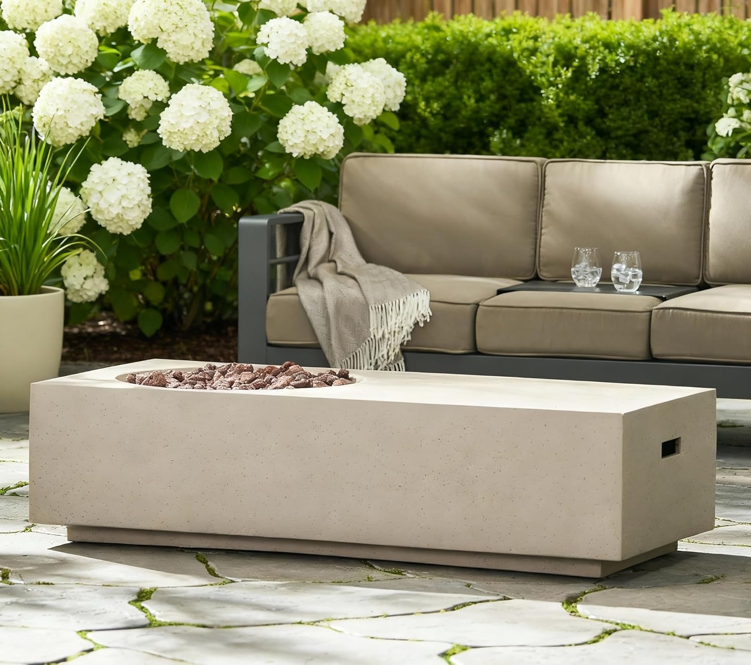 Rectangle Propane Fire Pit Table, 50,000 BTU Outdoor Concrete Fire Pit for Patio, 14.75 Inch Modern Portable Gas Fire Pits for Backyard Garden Deck Use,Only Table (Tank Holder is Not Included) - 750K