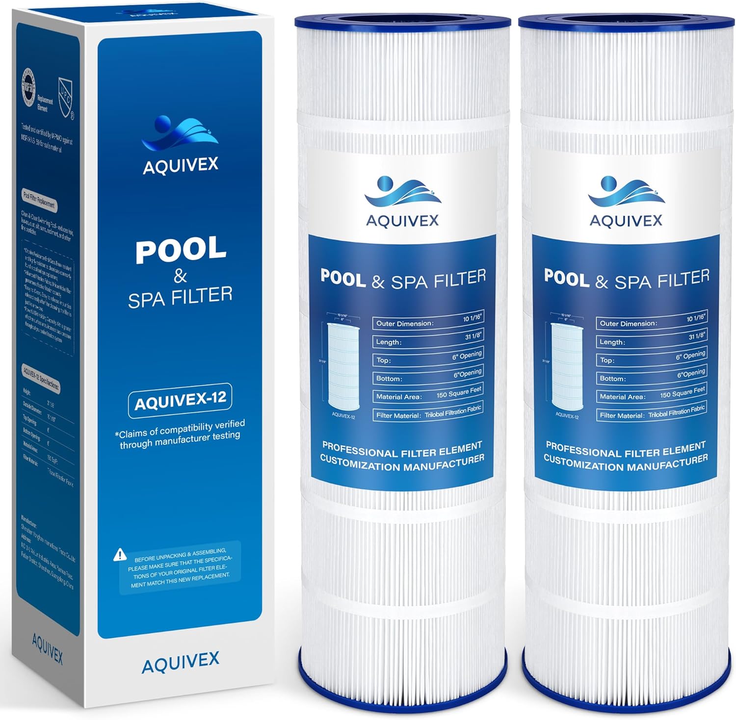 CC150 Pool Filter Cartridge, Compatible With Pentair Clean & Clear 150 in Model 160317 & EC-160317, 160355 & EC-160355, 160352, Replacement for Pentair R173216, Pleatco PAP150, 2 Pack