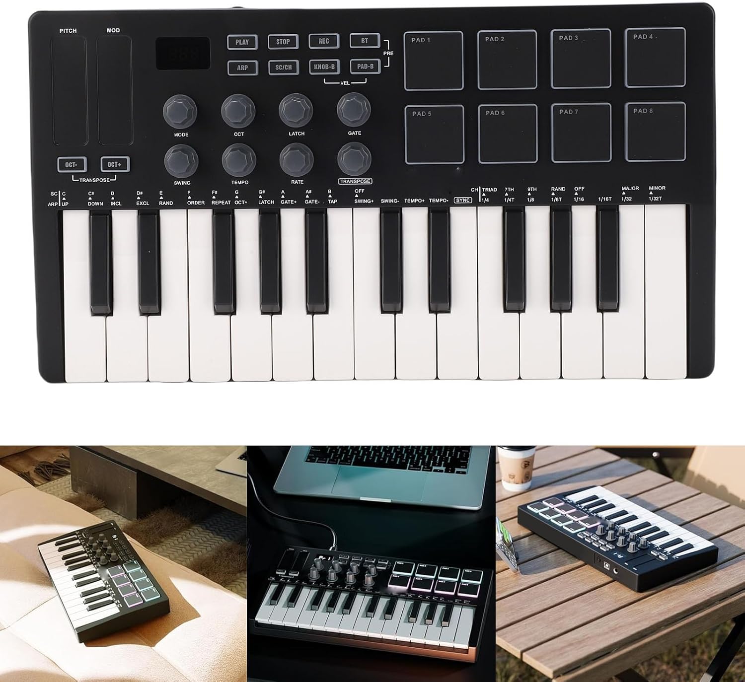 MIDI Keyboard, Portable 25 Keys Controller Keyboard with RGB Backlit Pads 8 Knobs for Music Production