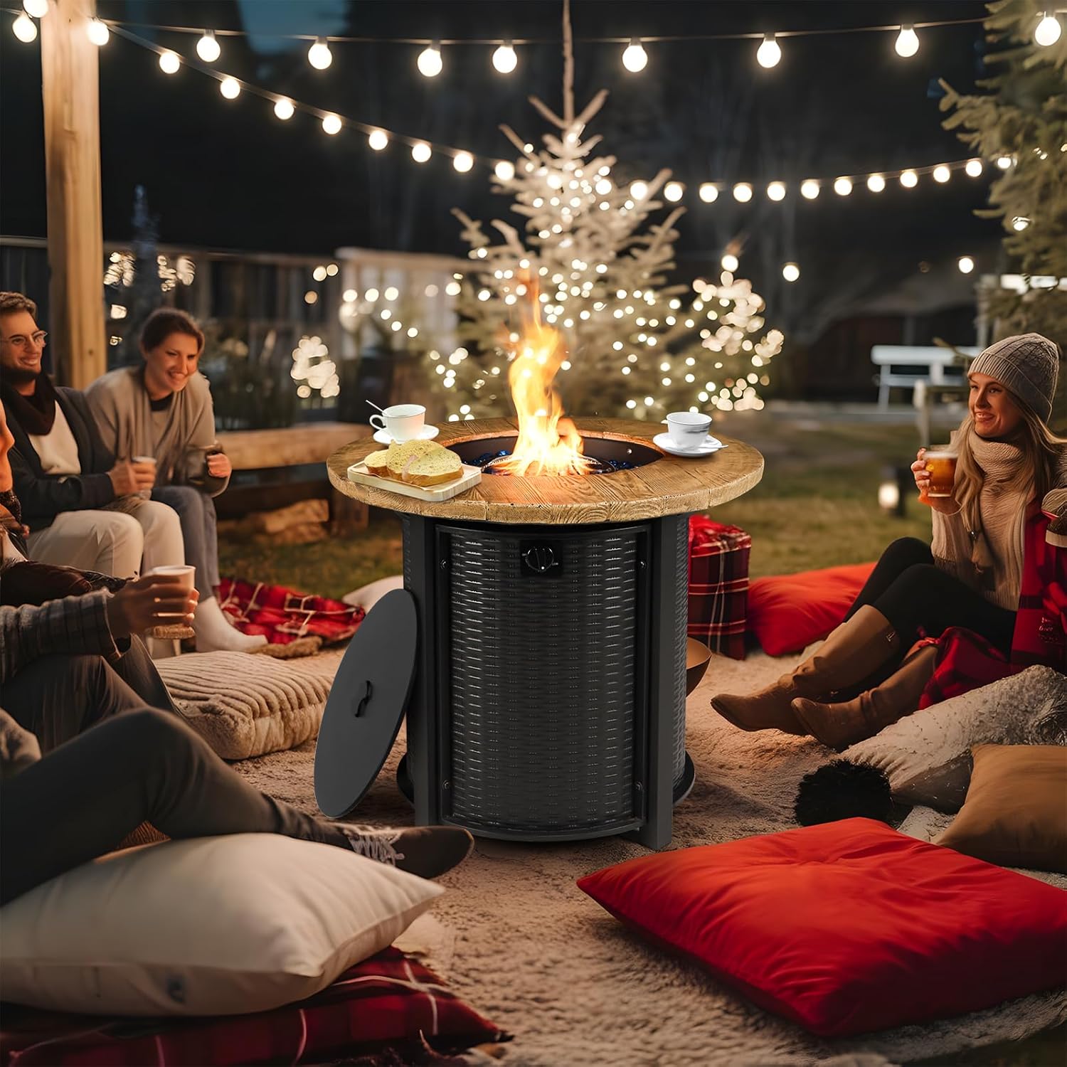 30 Inch Round Propane Fire Pit Table,50,000 BTU Iron Gas Fire Pit with Lid,Ignition Systems,w/Glass Stones and Rain Cover,Outdoor Firepit Table for Patio & Deck