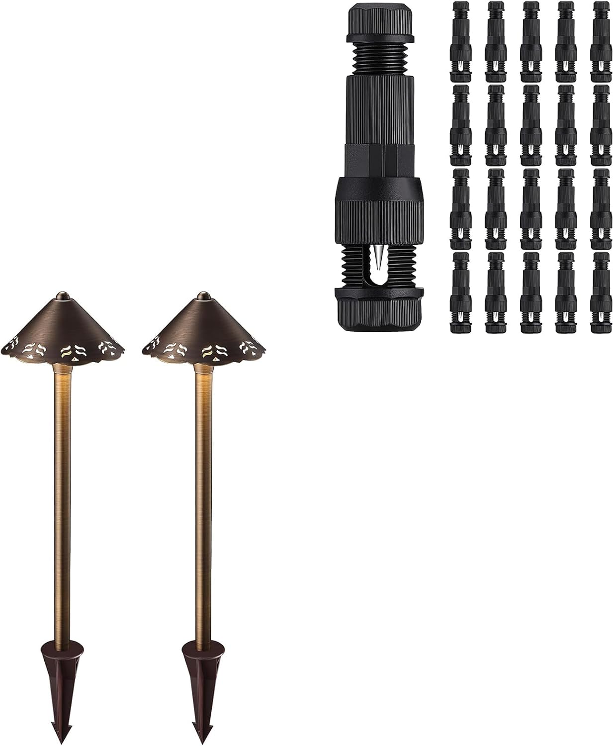 LEONLITE Pathway Lights Bundle Wire Connectors, 2-Pack Filigree Solid Cast Brass Pathway Lights, Work with G4 Bulb, IP65 & 20-Pack Fastlock Wire Connectors for Landscape Lighting