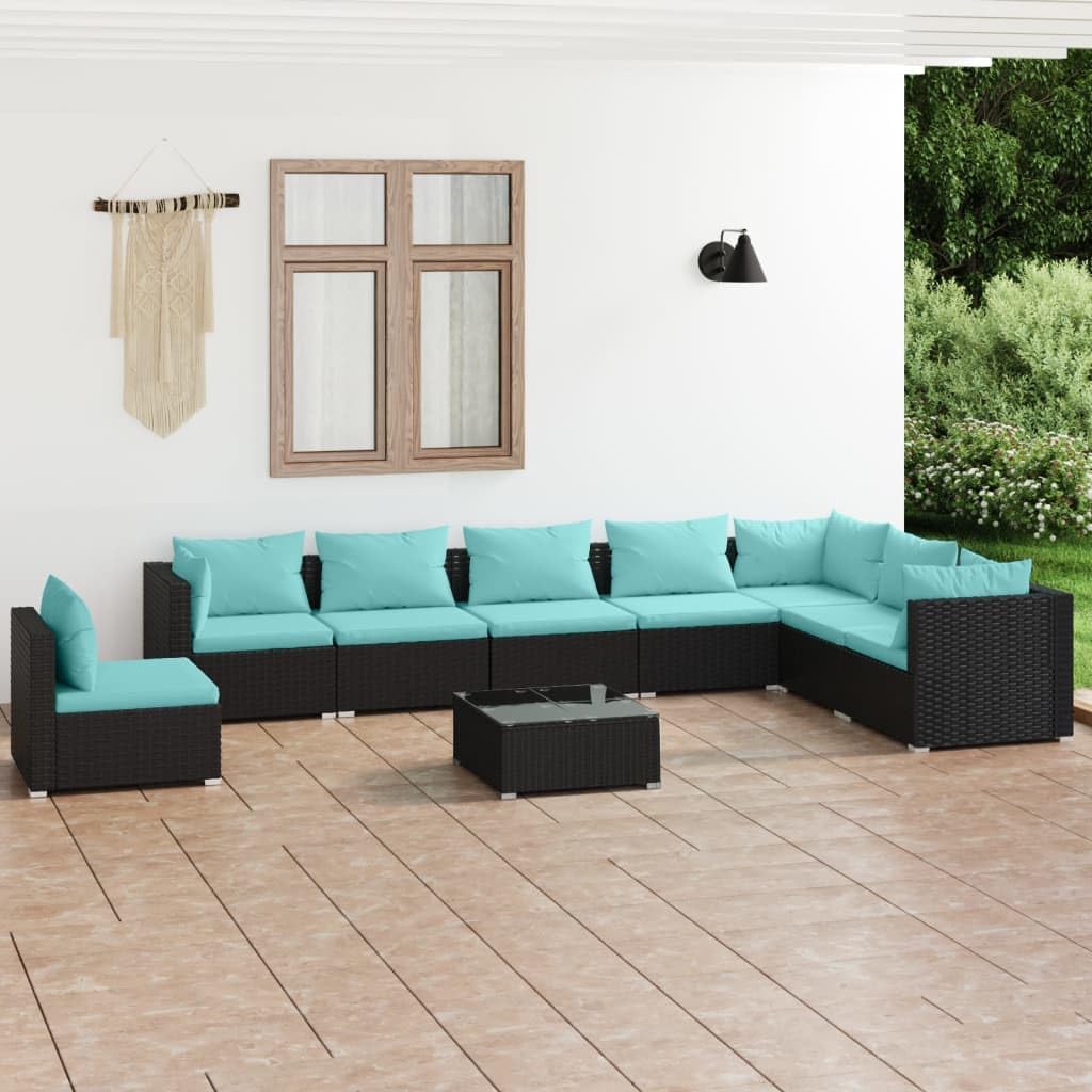 9 Piece Patio Lounge Set with Cushions Poly Rattan Black,Versatile Patio Lounge Set: Relax in Comfort and Style Patio Furniture, Outdoor Furniture Sets