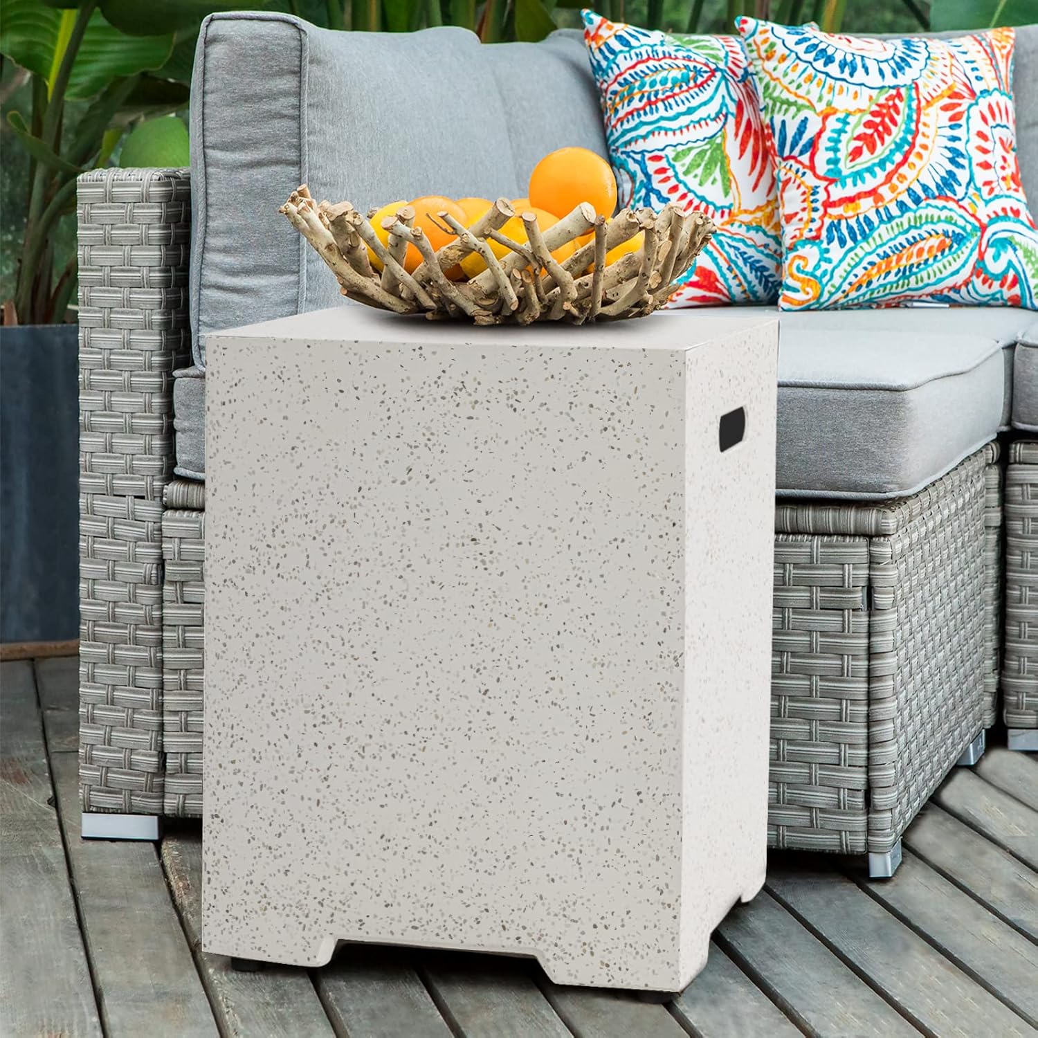 COSIEST Outdoor Terrazzo Hideaway Tank Table for Gas Fire Pits, Hides Standard 20lb 16-inch Propane Tank Cover w Side Handles