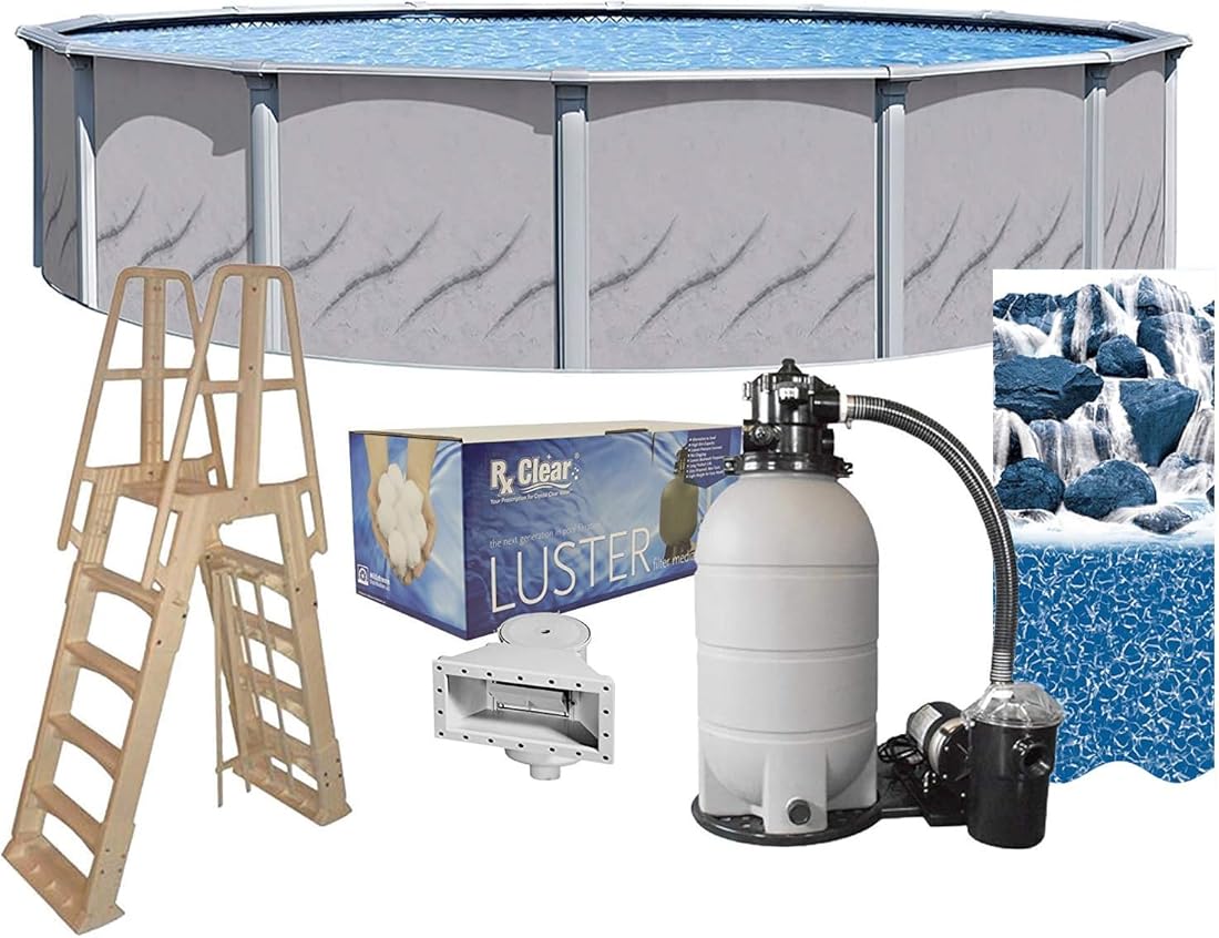 Galeria 15 ft Round Above Ground Swimming Pool Kit | 52 Inch Steel Walls | Bundle Includes: 25 Gauge Liner, A-Frame Ladder, Sand Filter System with Pump & Skimmer