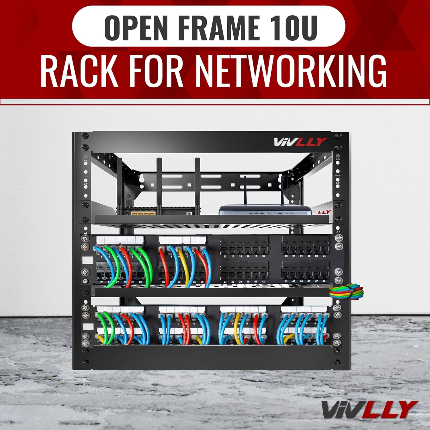 10U Server Rack Heavy Duty Open Frame Network Rack Mount 19 Inch - Wall Mount or Floor Standing IT Equipment Cabinet - 400lbs Capacity Networking Data Center Rack with 2 Vented Shelves - Vivlly