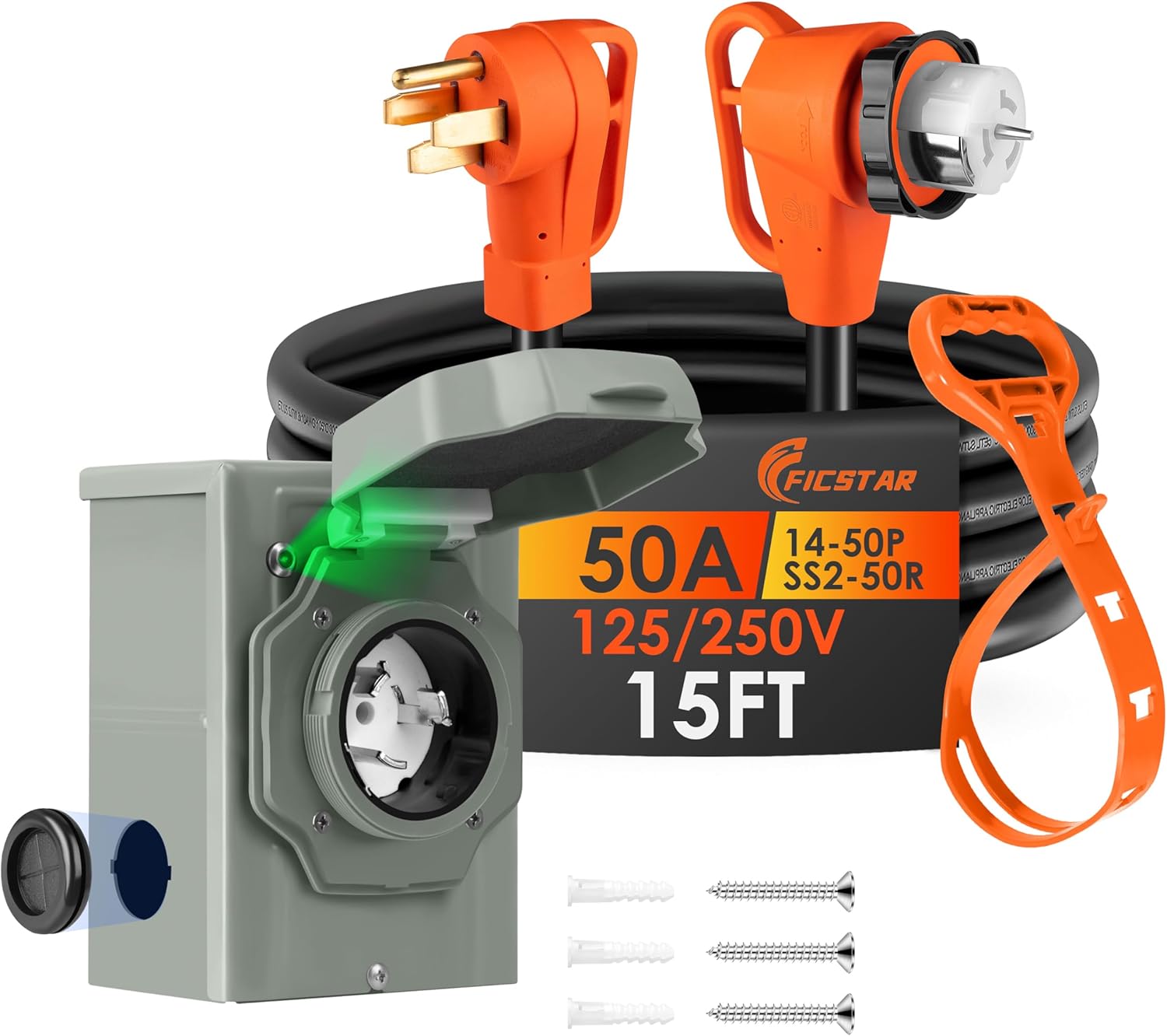 15FT 50 Amp Generator Cord and Power Inlet Box Kit,NEMA 14-50P to SS2-50R Generator Cord,Pre-Drilled 50 Amp Generator Inlet Box with 6/3+8/1 AWG STW Wire,125/250V, 12500W,UL&ETL Listed