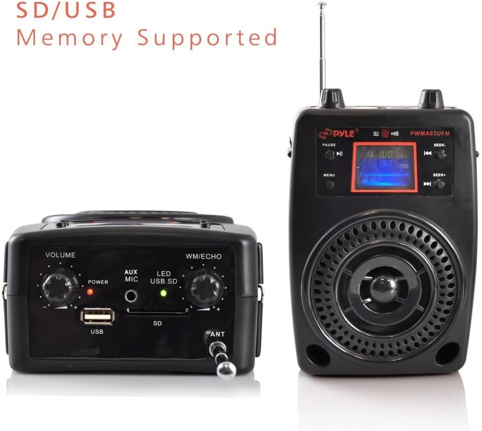 Pyle Portable PA System, Wireless Microphone Kit, Compact Stereo System, FM Radio, LCD Display, USB, Rechargeable Battery, Includes Lavalier Microphone Headset, Outdoor Surround Sound (PWMA83UFM)