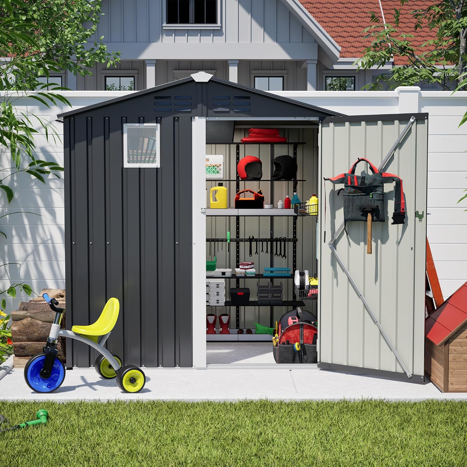 6x4 FT Outdoor Metal Storage Shed with Lockable Door, Waterproof Steel Garden Tool Shed for Backyard, Patio & Lawn, Utility Storage House with Natural Light Window - Black (No Floor Frame)