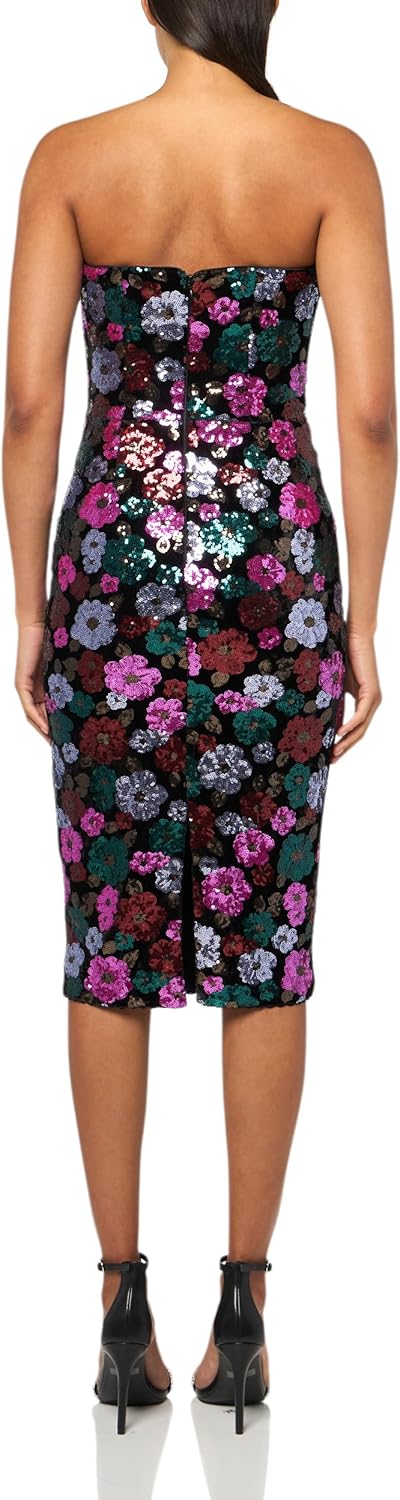 Dress the Population Women's Erica Scattered Floral Sequin On Velvet, Midi, Bodycon, V-Neck Dress, Black Multi, Small