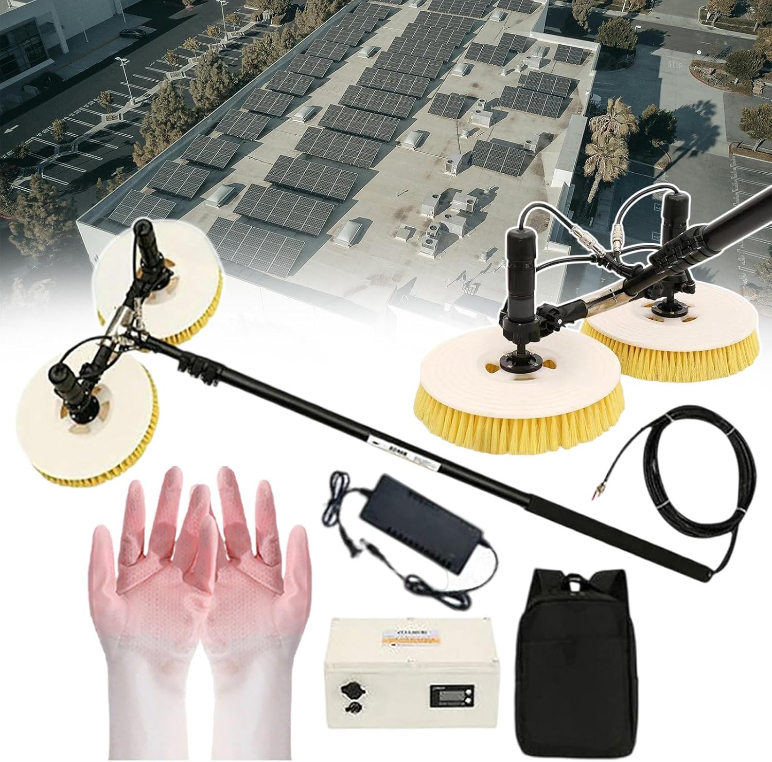 Solar Panel Cleaning Tool, Telescopic Pole Window Cleaner, Outdoor Pool Cleaning Brush, Adjustable Length, Double Brush Head, Come with A Pair of Gloves,7.5m