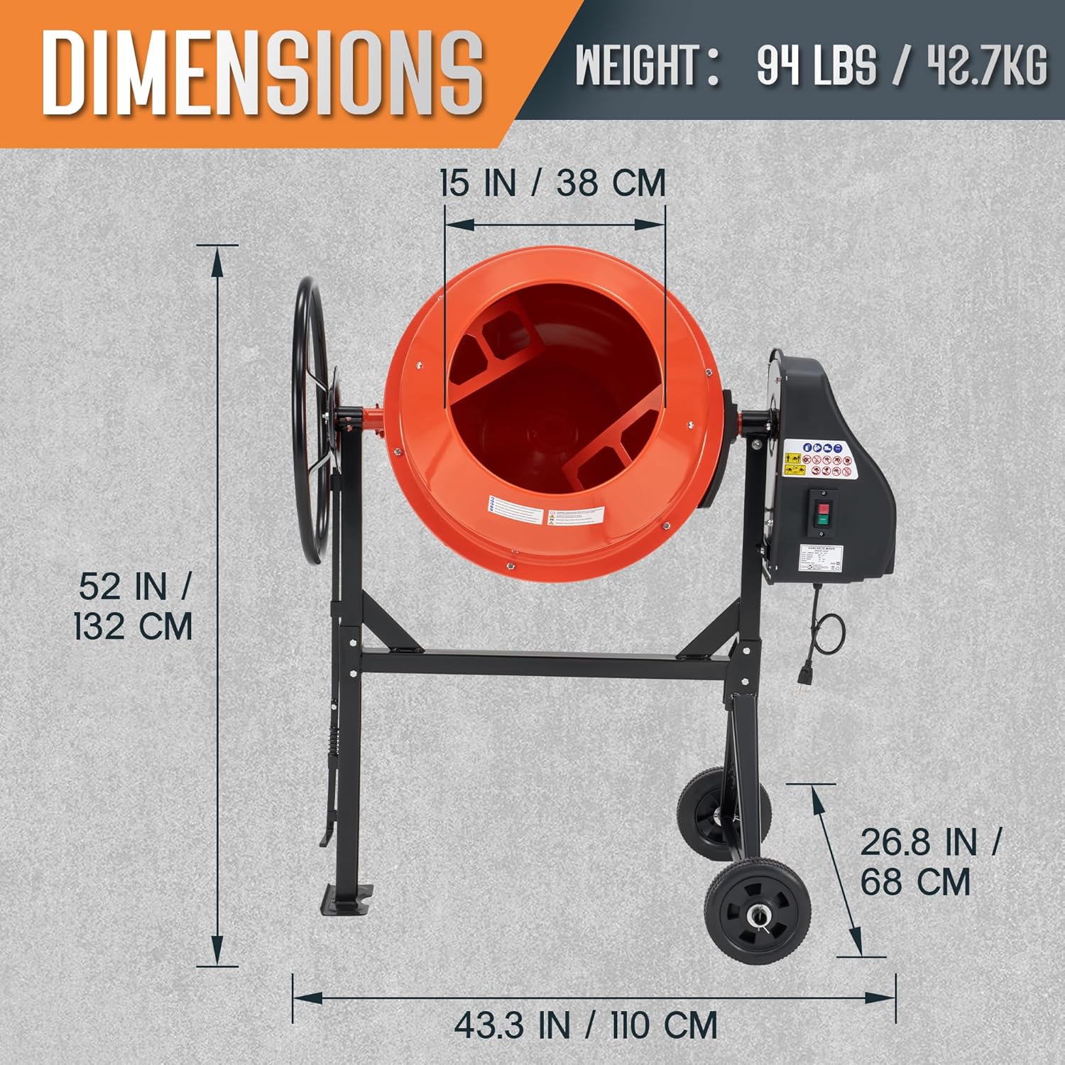 SPECRAFT 4.9 Cu.Ft. Electric Cement Mixer, 550W Portable Concrete Mixing Machine with 140L Drum, 110V Motor, 30RPM Rotation for Mortar, Stucco, and Feed