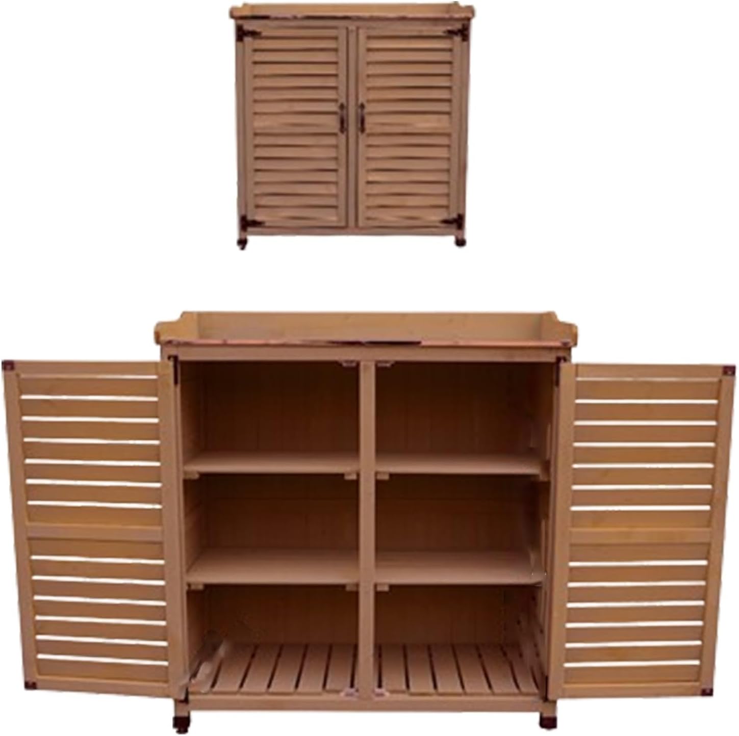 Garden Tool Storage Cabinet, Outdoor Garden Patio Wooden Storage Cabinet with Adjustable Shelf, Outdoor Potting Bench with Storage Cabinet and Metal Top (One Color Brown)